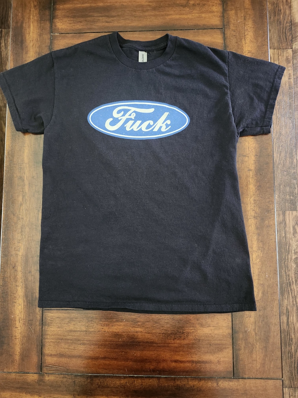 Black Graphic Crewneck T-Shirt with Blue Logo